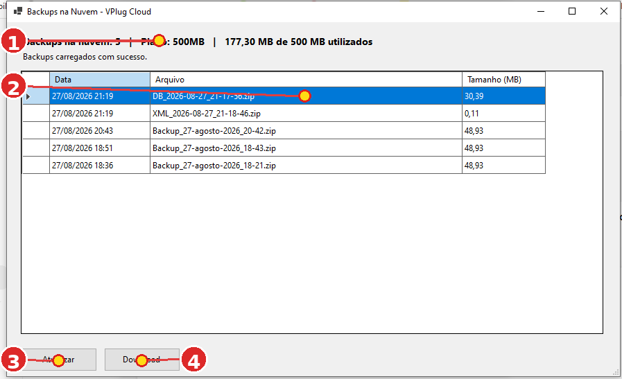 Janela Backups na Nuvem com marcações