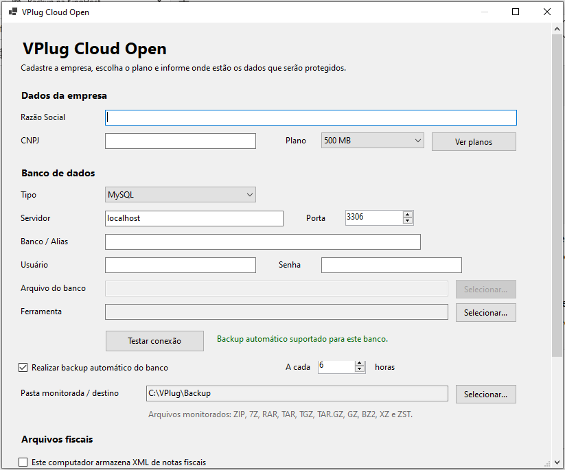 VPlug Cloud Open - cadastro da empresa e configuração do banco de dados